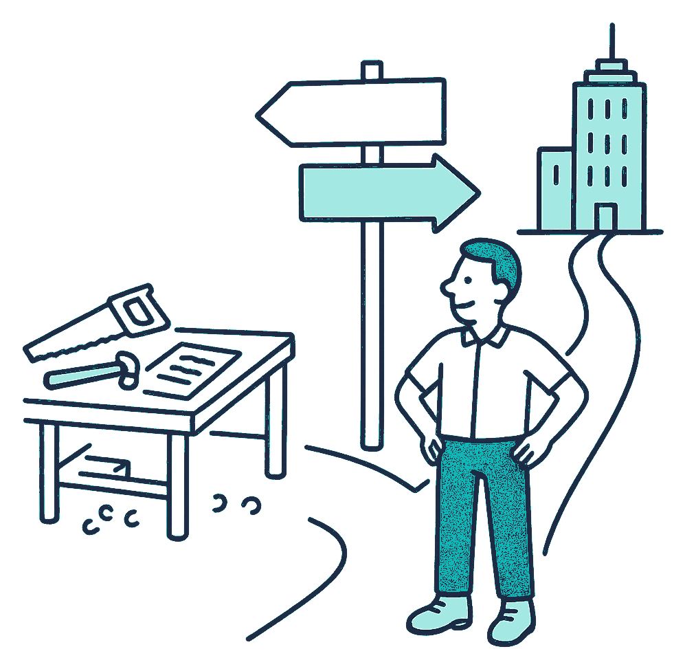 A carpenter in a workshop stands between two signposts, one pointing toward his own workbench and the other pointing toward a distant office block