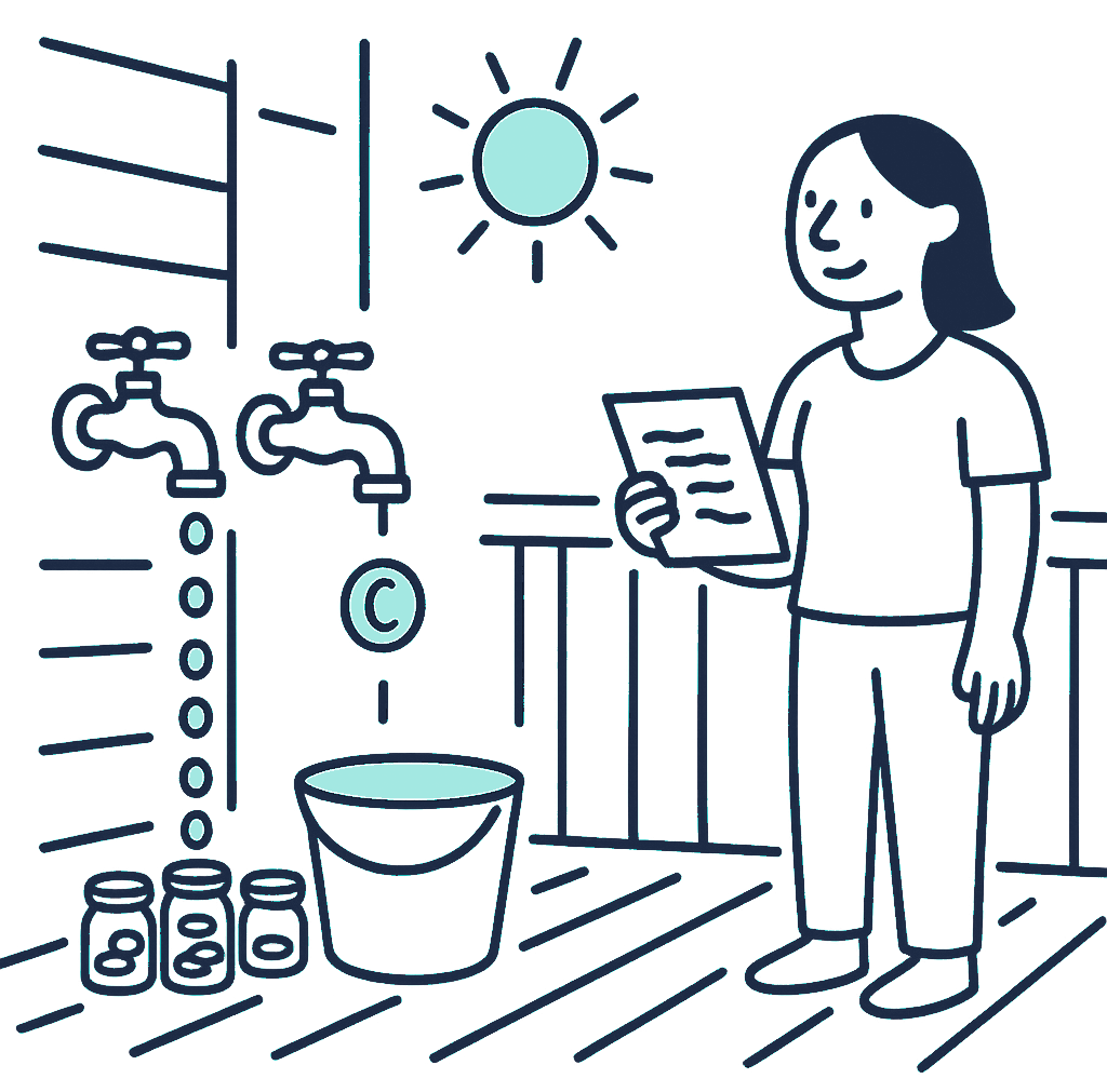 A person on a weatherboard verandah watches two taps, one trickling coins steadily into a row of small jars and the other releasing a single large coin into one bucket