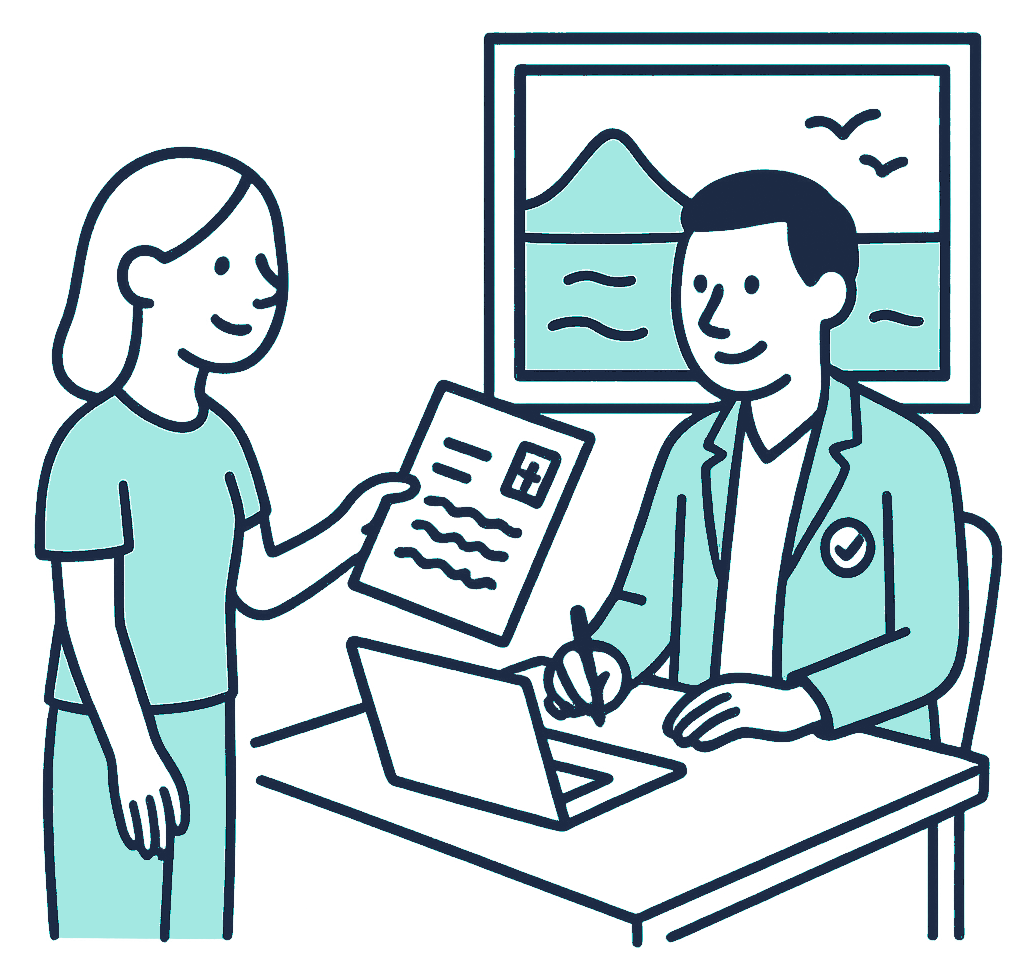 A person passes a folder of medical letters and test results across a desk to an adviser who is taking notes on a laptop