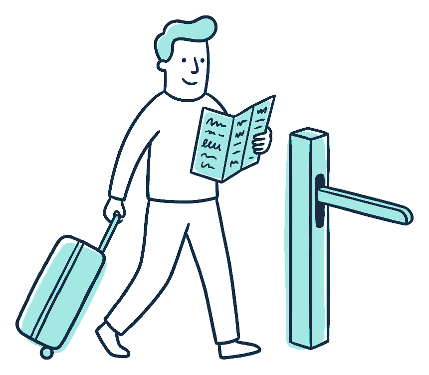 A traveller wheels a suitcase past a gate barrier, holding a leaflet covered in squiggly scribble lines