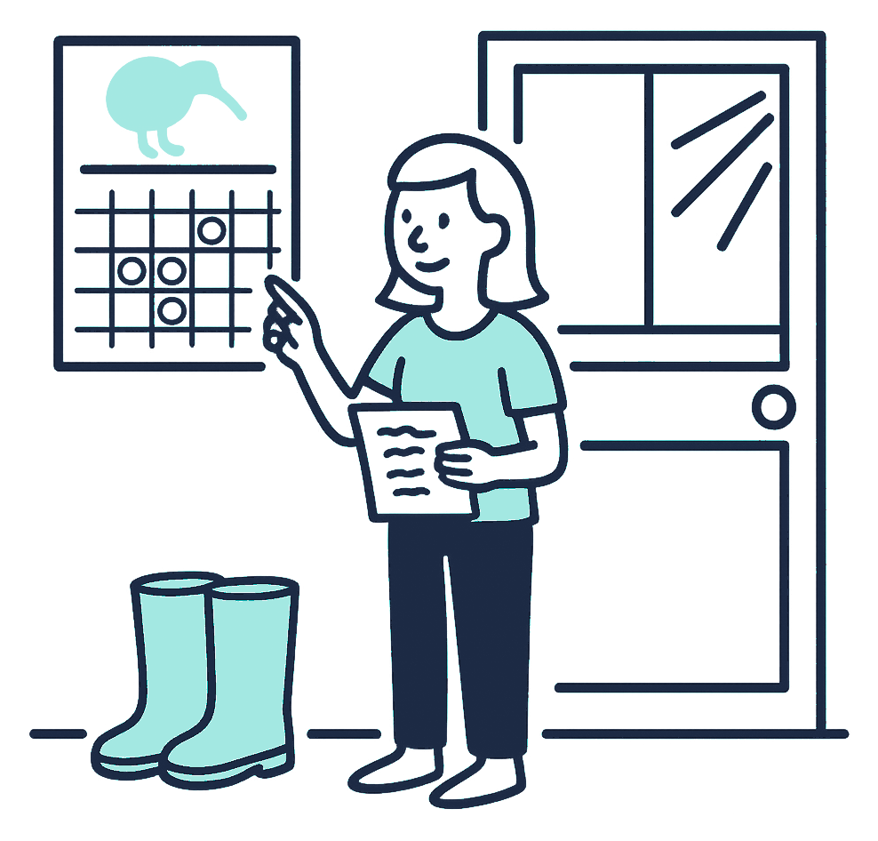 A kitchen calendar on the wall has four dates circled through the year, with a pair of gumboots waiting by the back door