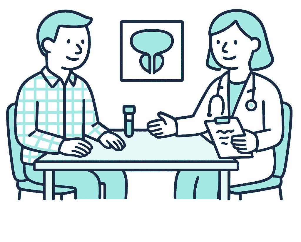 A man sits across a desk from his doctor, an anatomical prostate diagram and a small blood-sample vial resting on the desk between them