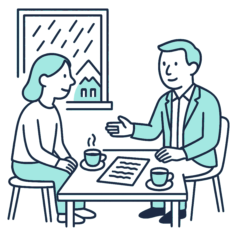 A person and an adviser sit either side of a low table with a short form and two cups of tea between them, rain streaking a window in a Wellington townhouse