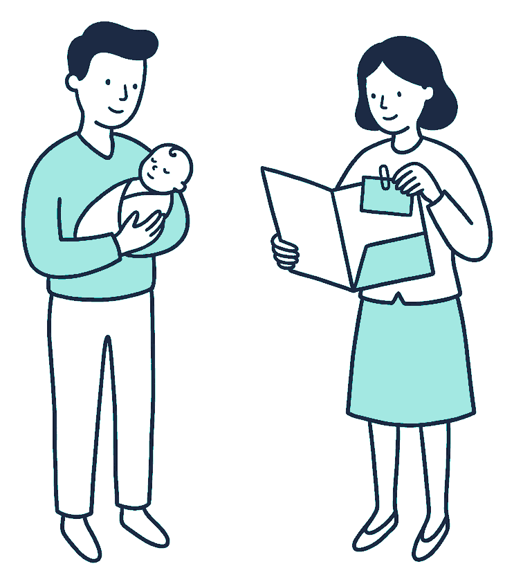 A parent holding a newborn watches a receptionist clip a small blank card into an open folder