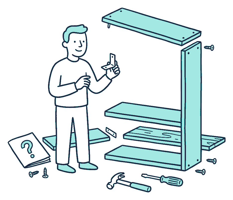 A first-timer assembles flat-pack shelving with a spare part in hand and the top shelf leaning crooked