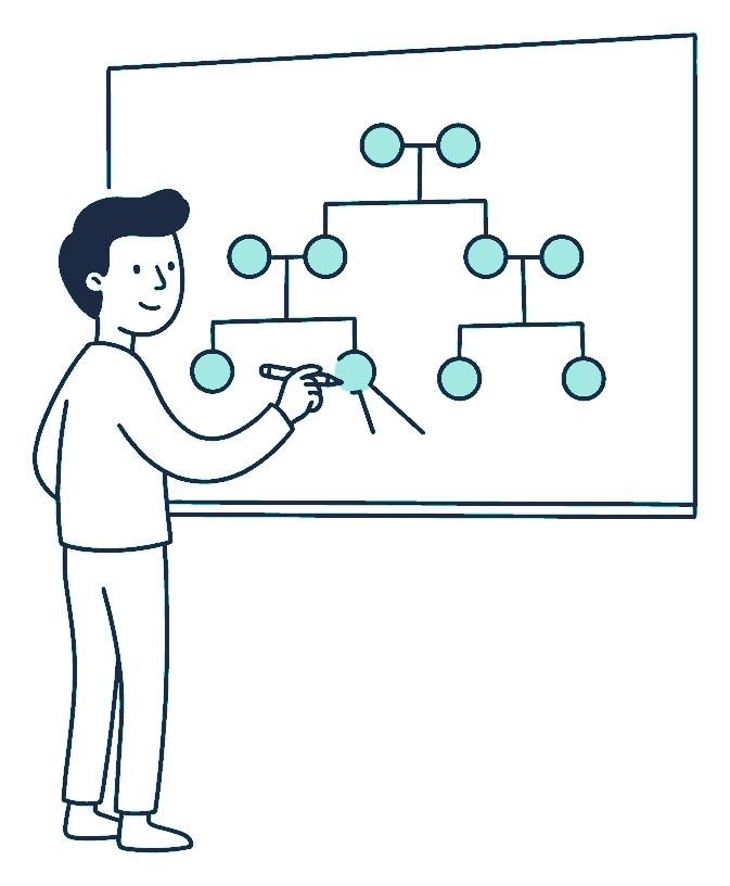 A person at a whiteboard draws a family tree, connecting branching lines between several small circles with a marker