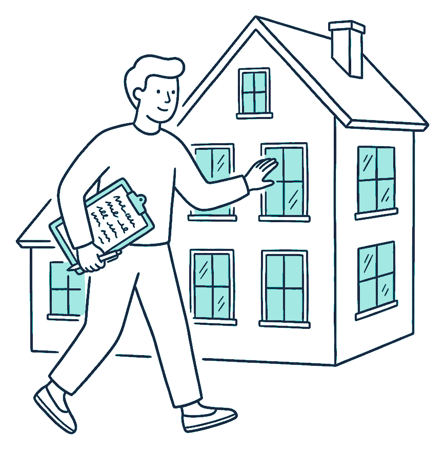 Someone walks around a finished house holding a clipboard covered in squiggly scribble lines, checking each window in turn