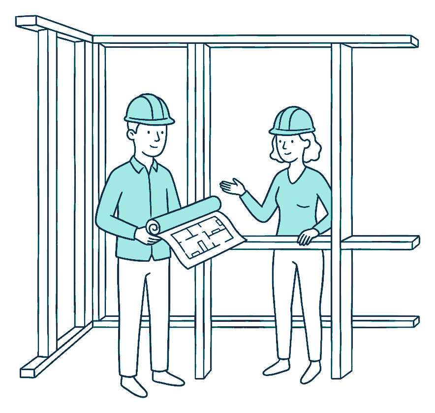 A couple in hard hats stand inside a half-built timber house frame, one unrolling a set of plans