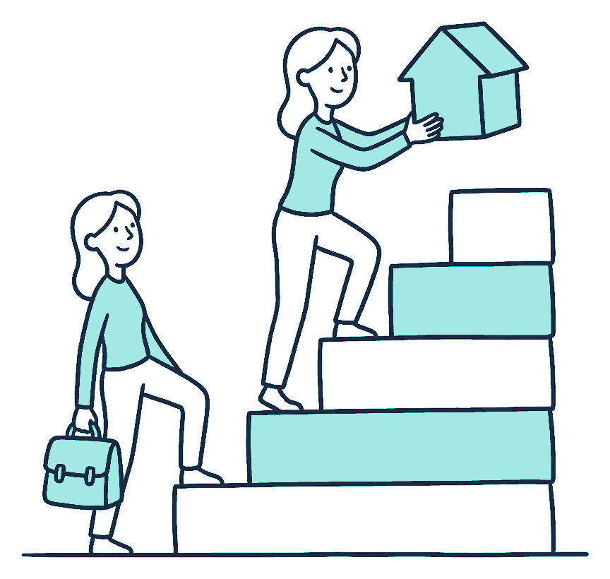 A woman climbs a wide staircase of stacked blocks, carrying a schoolbag at the bottom and a small house at the top