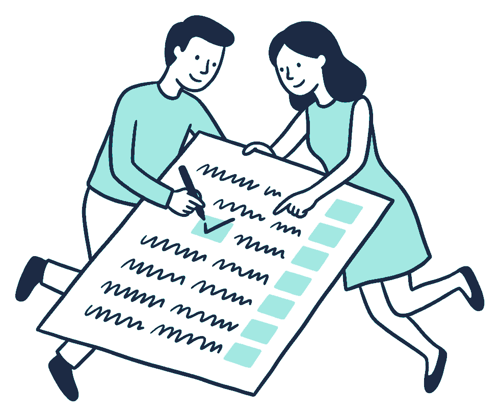 A couple lean over a wide form covered in squiggly scribble lines, one ticking boxes with a pen