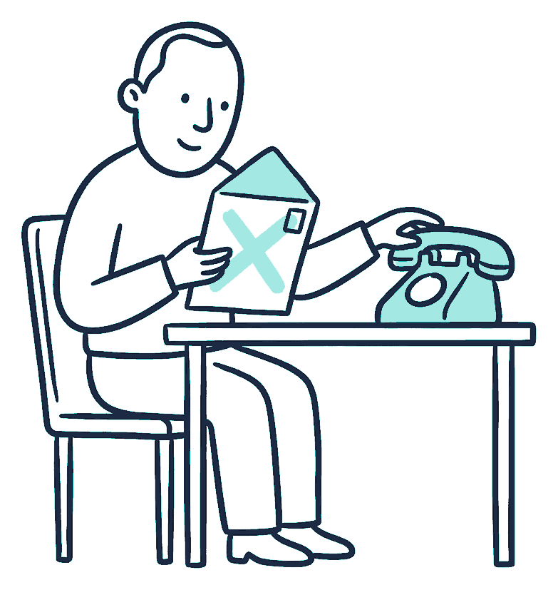 A person sits at a desk reading a letter stamped with a large cross, already reaching for the telephone beside them
