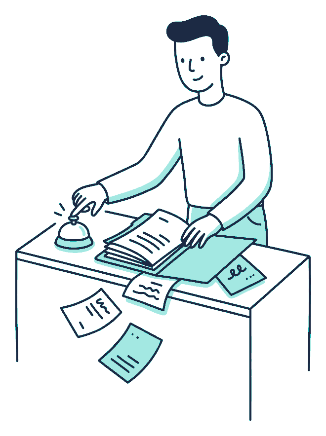 A person presses the bell at a service counter, a thick folder of papers spread open in front of them