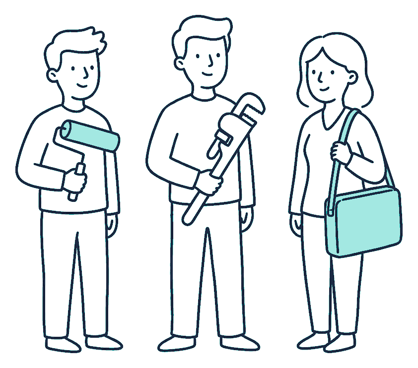 Three tradespeople line up holding a paint roller, a pipe wrench and a laptop bag respectively