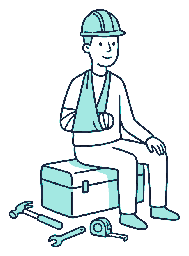A builder in a hard hat sits on a closed toolbox with one arm in a sling, tools untouched beside them