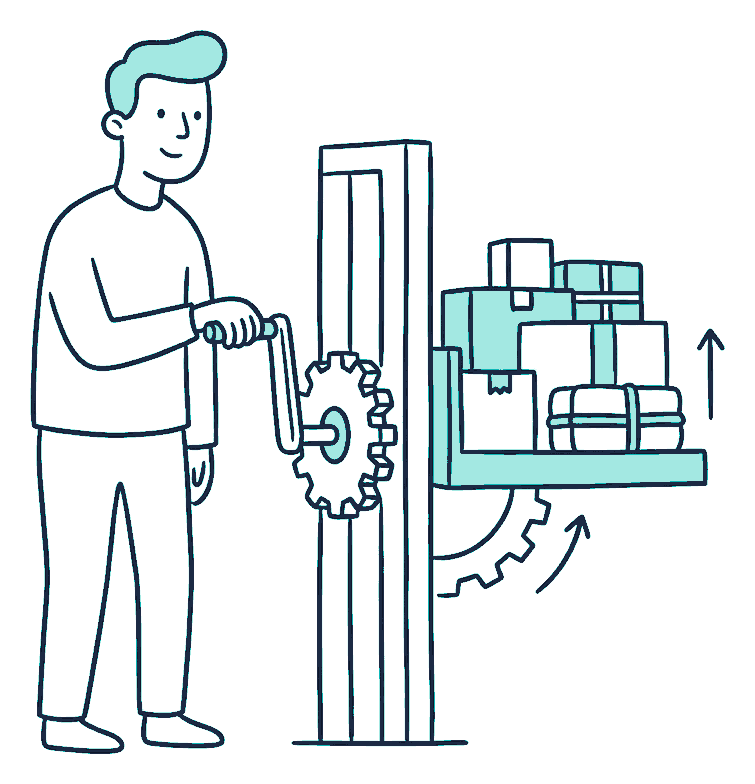 A person turns a hand crank that raises a loaded platform one notch higher above the floor