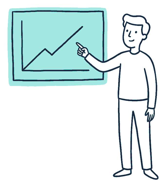 A person points at a board showing two lines from the same start, one staying flat, one climbing steadily away