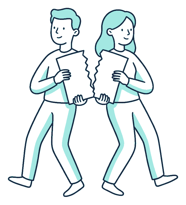 Two people stand back to back, each pulling one half of a single torn policy document