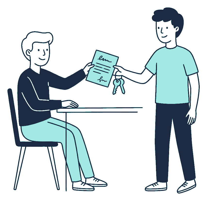 A seated person hands a signed document and a keyring across a desk to another person