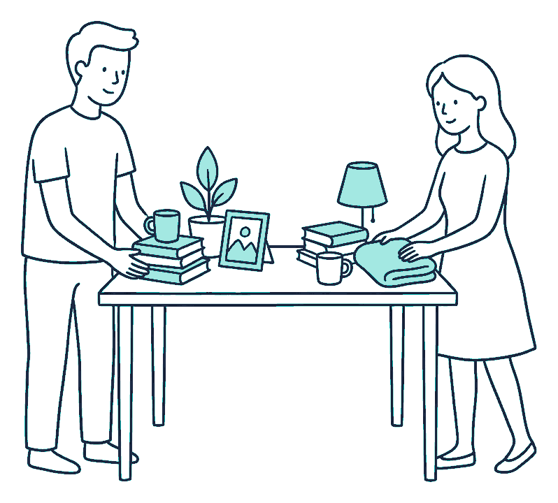 A couple stand either side of a table, dividing household objects into two equal groups