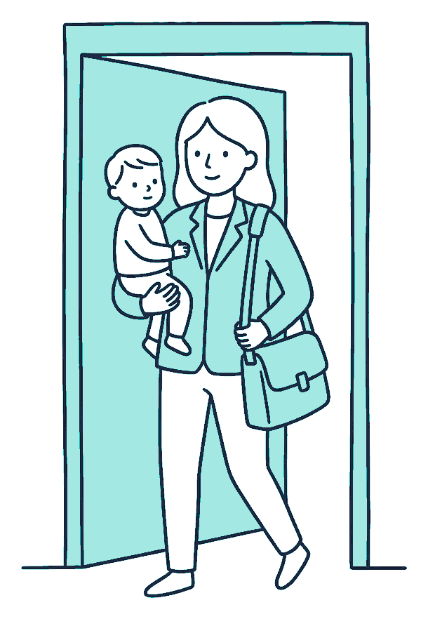 A woman carries a toddler on one hip and a work satchel on the other shoulder as she steps out a front door