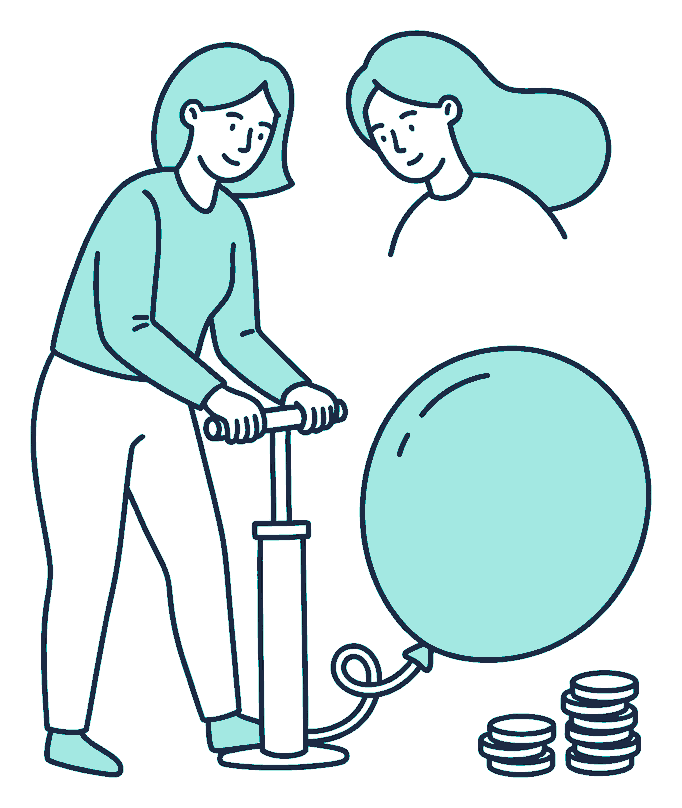 A woman works a foot pump inflating a large balloon tied above a small stack of coins