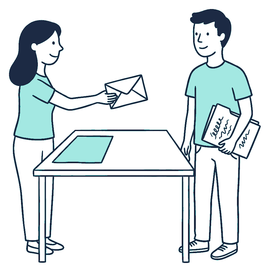 A woman passes a sealed envelope across a kitchen table to a young man holding a folder covered in squiggly scribble lines