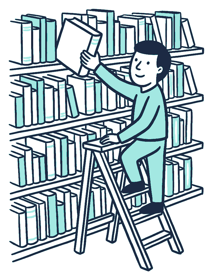 A person on a small library ladder pulls one very thick dictionary from a crowded shelf