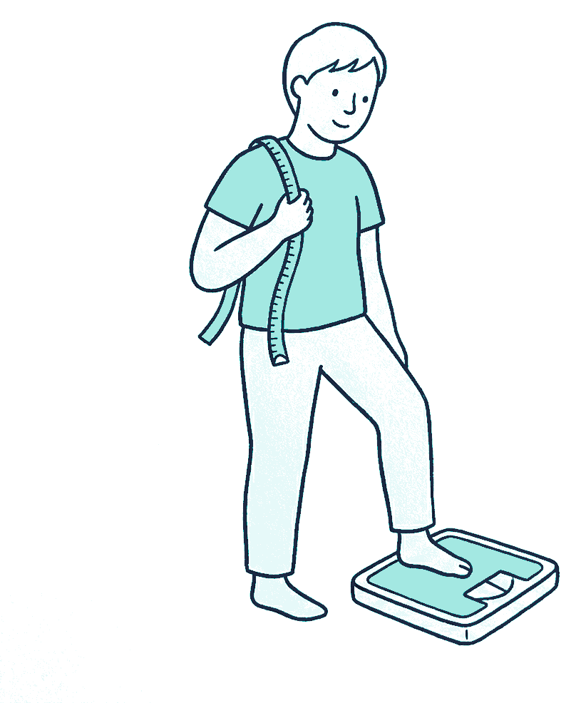 A man steps onto a bathroom scale with a tape measure looped over his shoulder