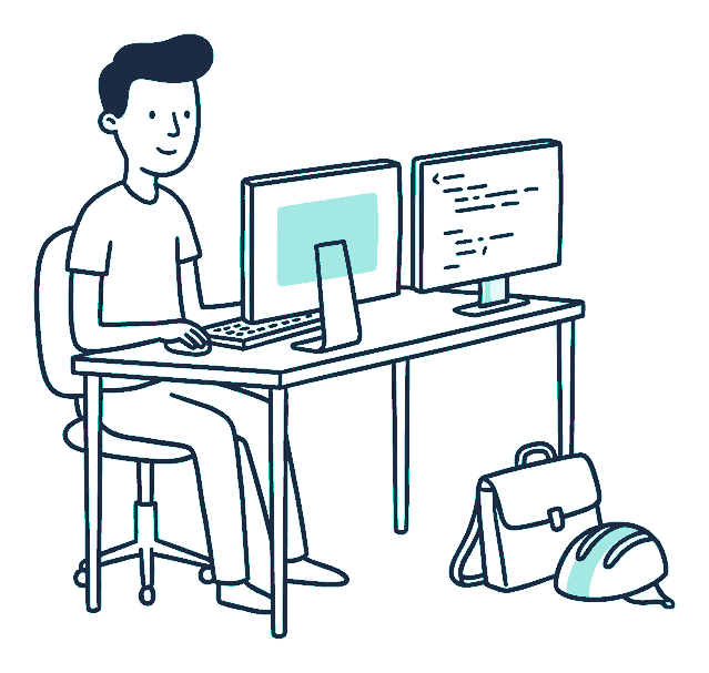 A developer sits at a desk with two monitors, a laptop bag and bike helmet on the floor beside them
