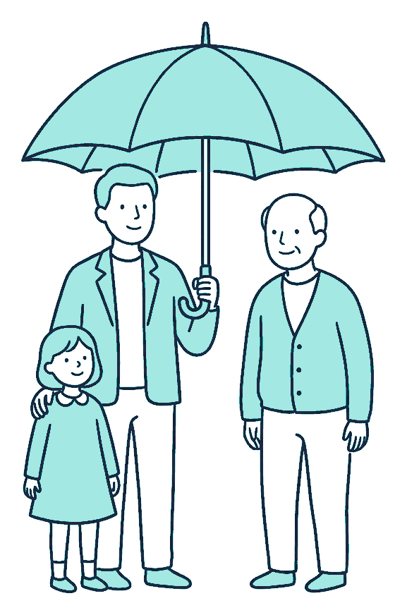 Three generations of one family stand close together sheltering beneath a single large open umbrella