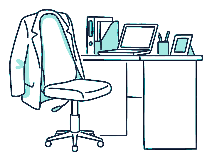 An empty desk chair sits pushed back from a workstation, a jacket left hanging untouched on its back