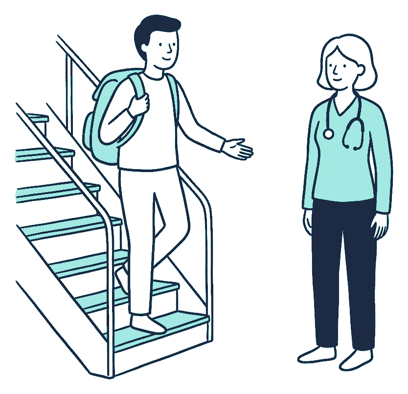 A traveller with a backpack steps off aircraft stairs toward a doctor waiting with a stethoscope