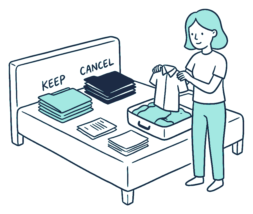 A person packs a suitcase on a bed while sorting policy folders into two piles labelled KEEP and CANCEL