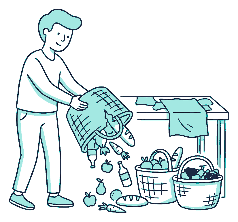 A shopper at a market stall lifts the lightest of three baskets, its torn bottom spilling goods onto the ground