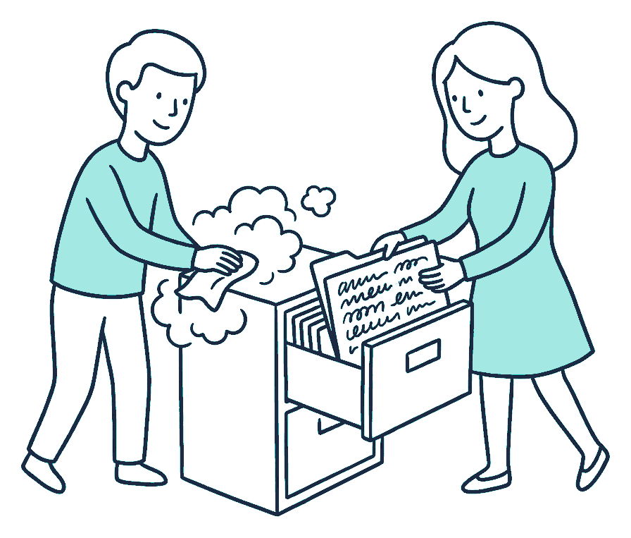 Two people wipe thick dust from a filing drawer and pull out a folder covered in squiggly scribble lines