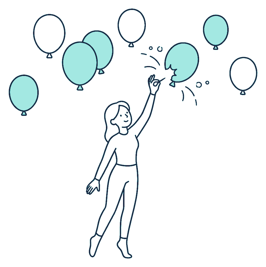 A person on tiptoes bursts one of several floating balloons with a pin, the others still drifting overhead