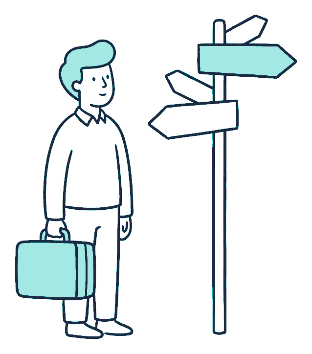 A person with a suitcase stands at a signpost with several blank arrow boards pointing different ways