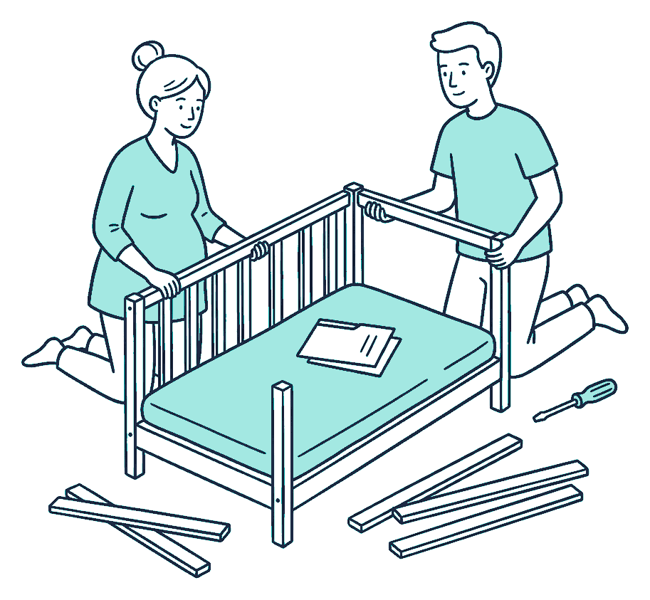 An expectant couple assemble a wooden cot together, a document folder resting on the mattress between them