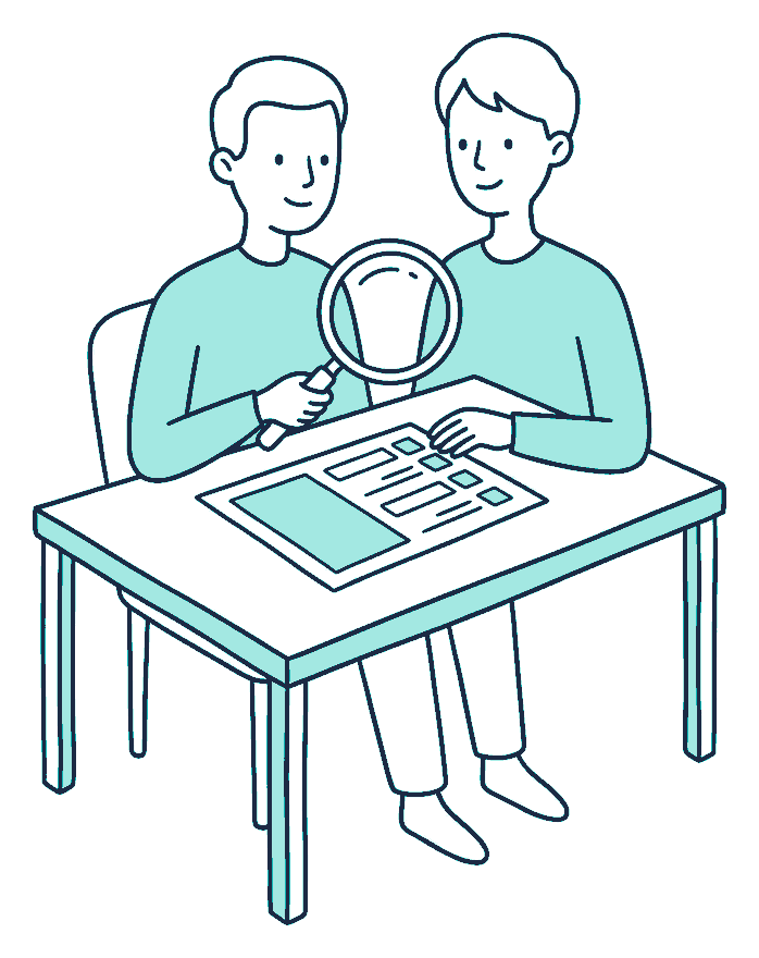 An assessor at a desk holds a magnifying glass over an application form, one answer box on it left completely blank