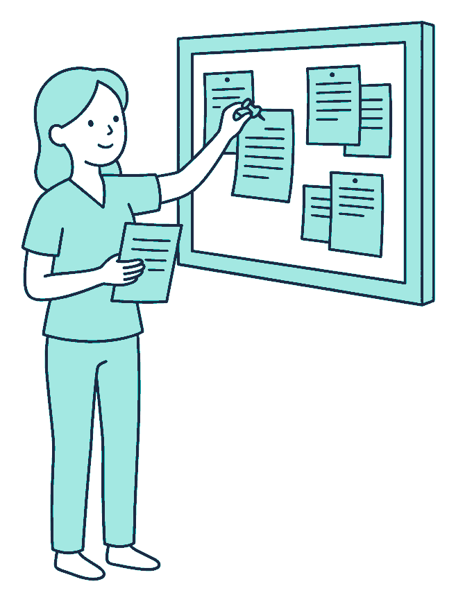 A nurse in scrubs pins a shift roster sheet onto a hospital corridor noticeboard, another sheet in hand