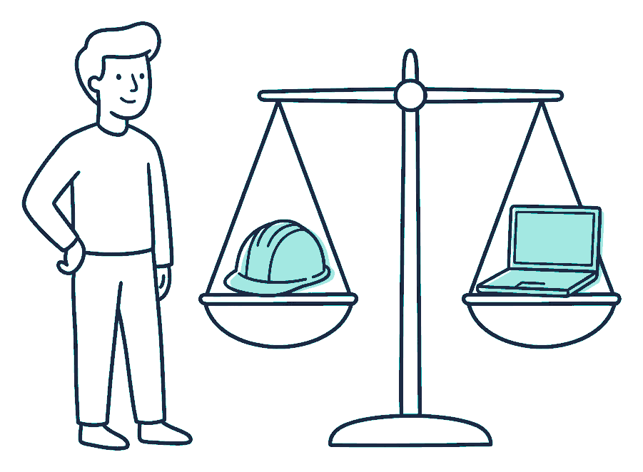 A person watches a balance scale with a hard hat on one pan and a laptop on the other