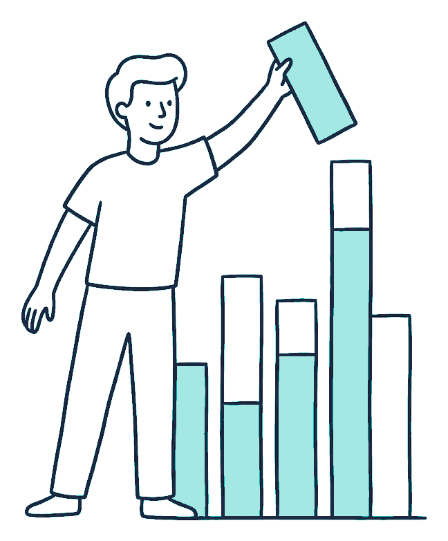 A person lifts one extra block off the top of a bar chart column, lowering it toward the height of its neighbours