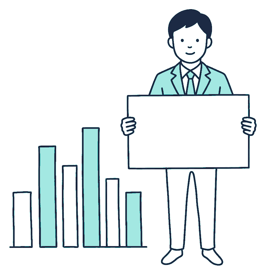 An agent holding a blank sign board stands beside a bar chart whose columns rise and fall unevenly