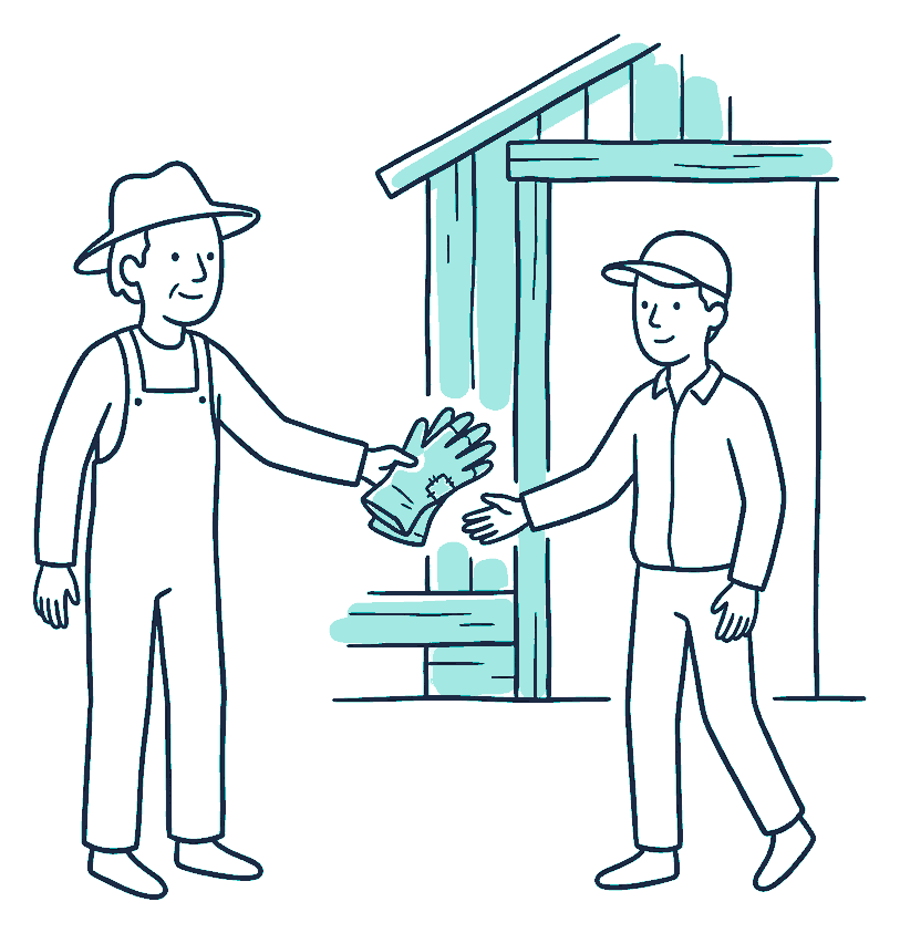 An older farmer hands a pair of worn work gloves to a younger one beside a woolshed doorway