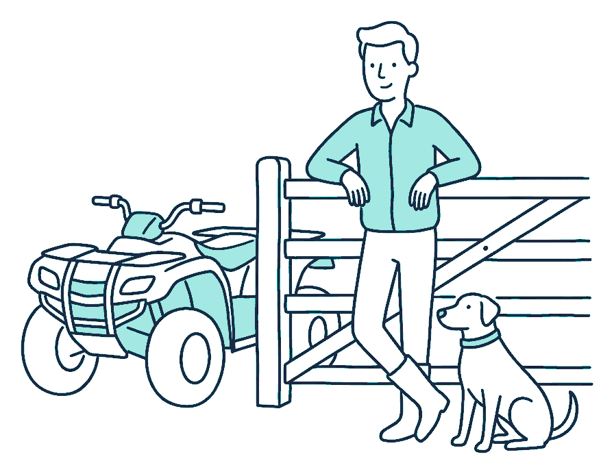 A farmer leans on a wooden farm gate beside a parked quad bike, a dog sitting alert at their boots