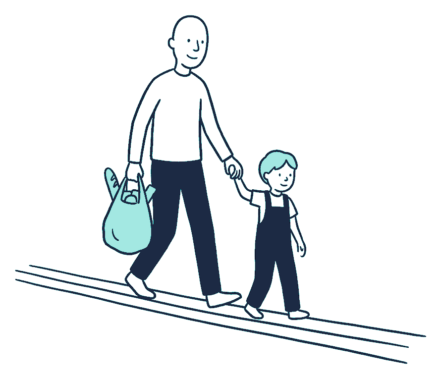 One adult walks along a narrow beam carrying a grocery bag while holding a small child's hand