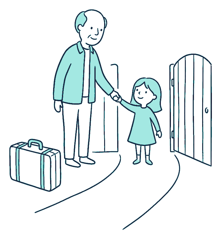 A grandfather takes a child's hand at a garden gate as a suitcase waits on the path