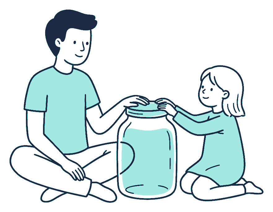 A parent sits on the floor with a child, both hands resting on a large jar between them