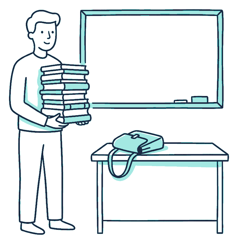 A teacher stands at a classroom whiteboard holding a tall stack of exercise books, satchel on the desk