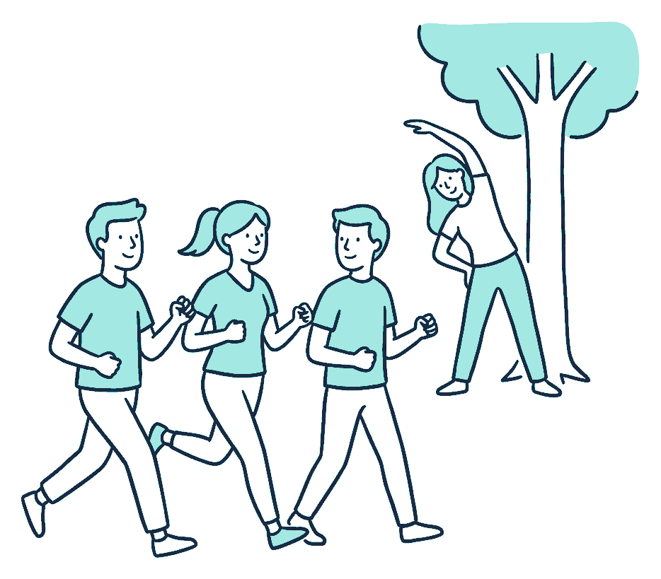 Three people jog together up a park path while a fourth stretches against a tree behind them